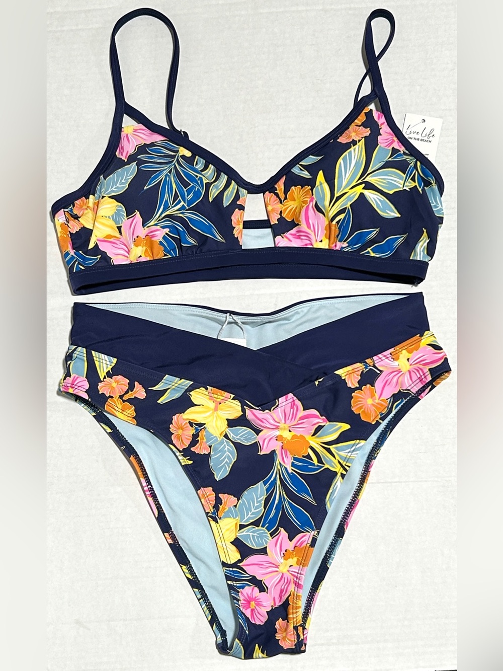 Cupshe Navy Floral Bikini Set with Pink & Yellow Blooms